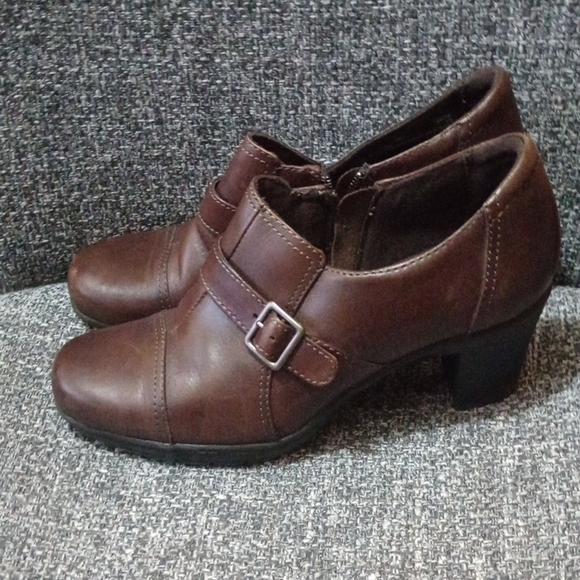 Clarks Shoes - Clarks Brown Heeled Boots with Buckle Strap